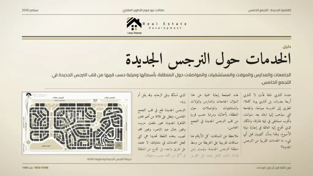 الخدمات حول النرجس الجديدة بالتجمع الخامس: مدارس وجامعات ومولات ومستشفيات